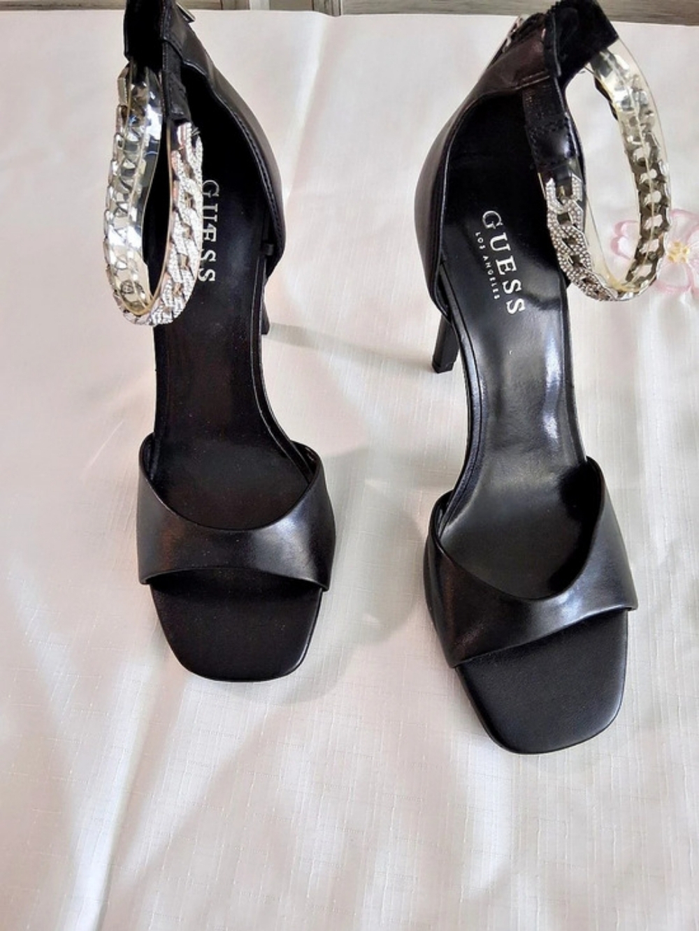 GUESS Black Heeled Sandals With Crystal Chain Anklets